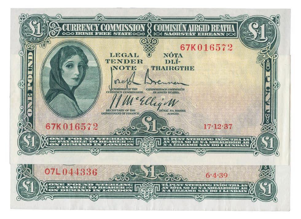 4066 Currency Commission Irish Free State, 1 (2), 17 December 1937, serial no.67k 016572, 6 April 1939, serial no.