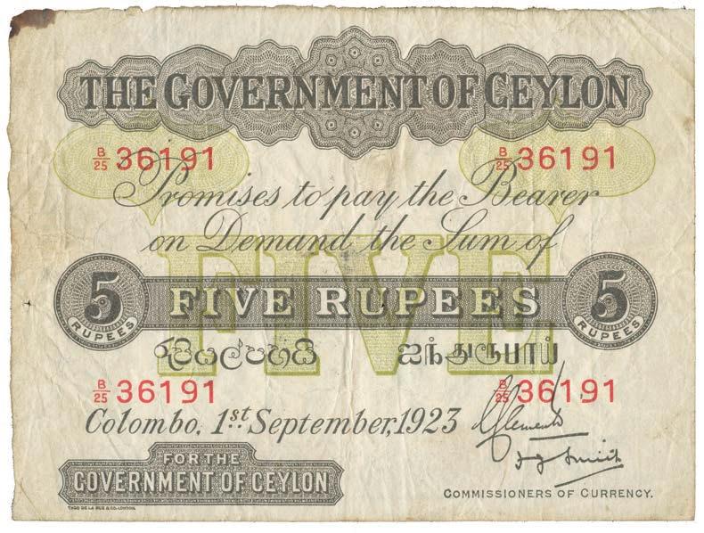 4081 Government of Ceylon, 5-Rupees, 1 September 1923, Colombo, serial no.b25 36191, FIVE RUPEES at centre (P 11c).