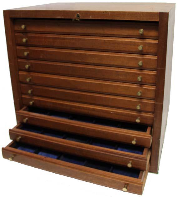 ), 360mm x 310mm x 345mm, with double panelled doors (lock, no key), carrying handles, containing 25 trays to hold coins of varying sizes. In good order, very useful.