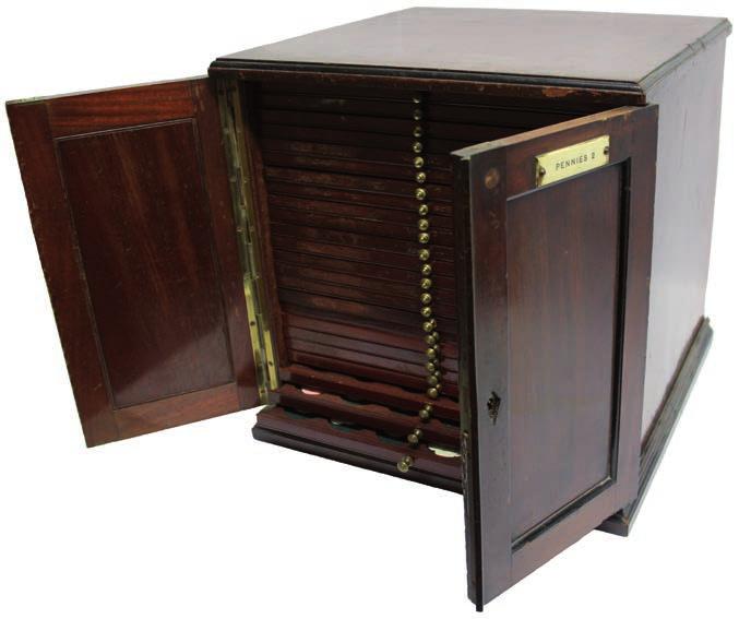 4093 4094 4093 A handsome Victorian Coin Collector s Cabinet, with double panelled doors with Gothic arches (lock and key), heavy brass coffin-like carrying handles, containing 21 finger-pierced