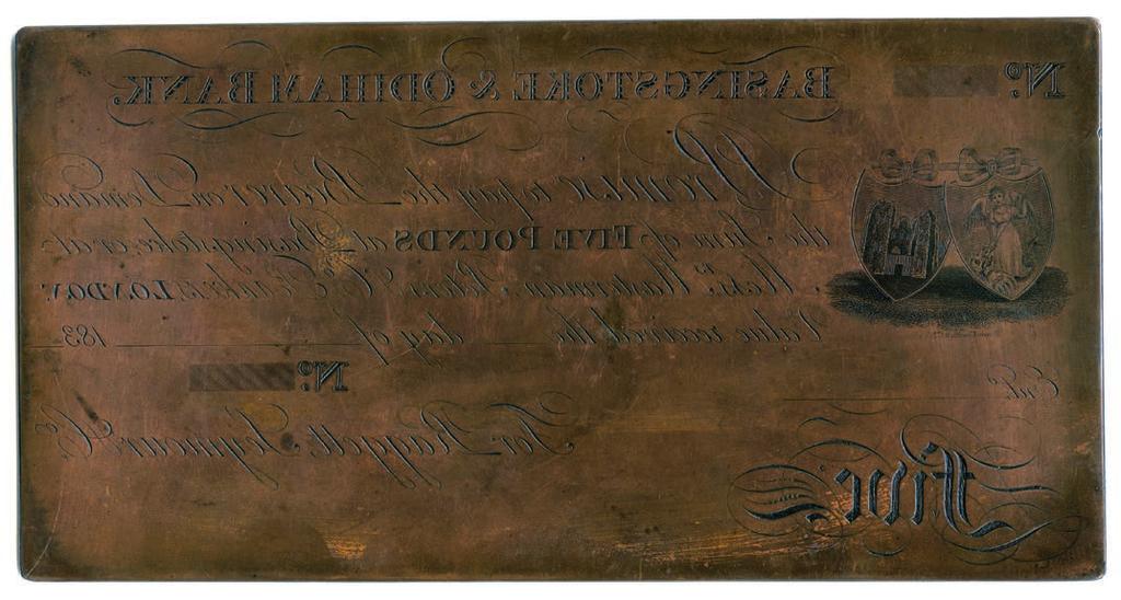 4026 Hampsire, Basingstoke, Basingstoke & Odiham Bank, Raggett, Seymour & Company, engraved Copper Printing Plate for the front of the 5, undated (c.