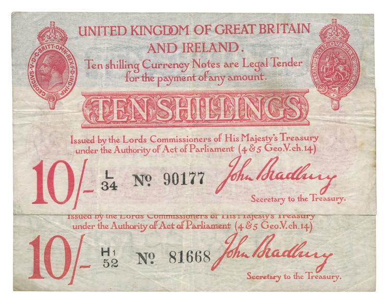 4036 4037 4036 Treasury Notes, United Kingdom of Great Britain and Ireland, John Bradbury, Second Issue, uniface 10-Shillings (2), undated (1915), black serial nos.