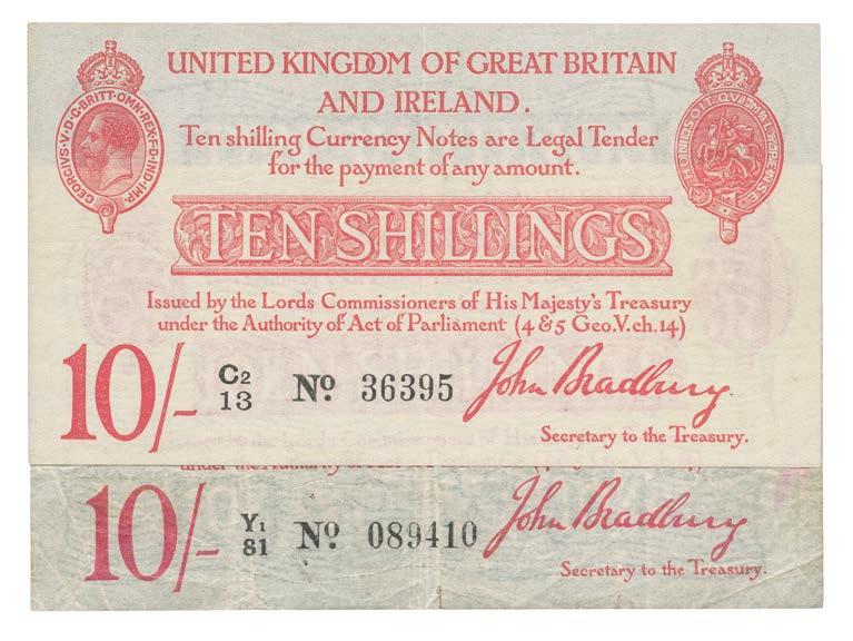 (2) 200-250 4037 Treasury Notes, United Kingdom of Great Britain and Ireland, John Bradbury, Second Issue, uniface 10-Shillings (2), undated (1915), black serial nos.