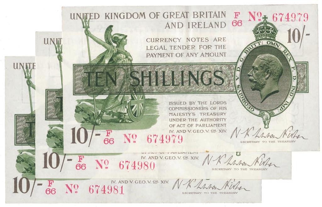 4040 Treasury Notes, United Kingdom of Great Britain and Ireland, Norman Fisher, 10-Shillings (3), undated (1919), consecutive red serial nos.