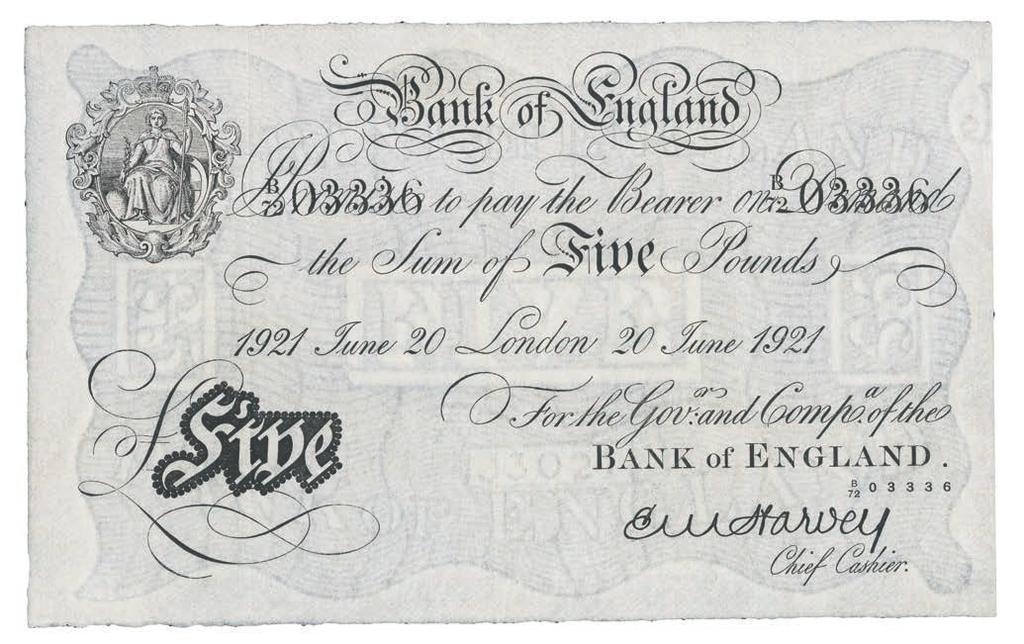 Good very fine, clean. 400-500 4048 Bank of England, uniface White 5, 20 June 1921, London, serial no.