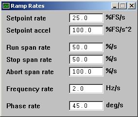 Ramp Rates Panel Description Access When to Use the Panel The Ramp Rates panel allows you to set maximum values for the setpoint generator velocity and acceleration, the span ramp rate and phase rate.