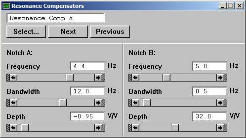 The Resonance Compensator notch filter parameters that achieve this composite notch frequency response are as follows: Note that the center frequencies of the notch and antinotch are slightly offset