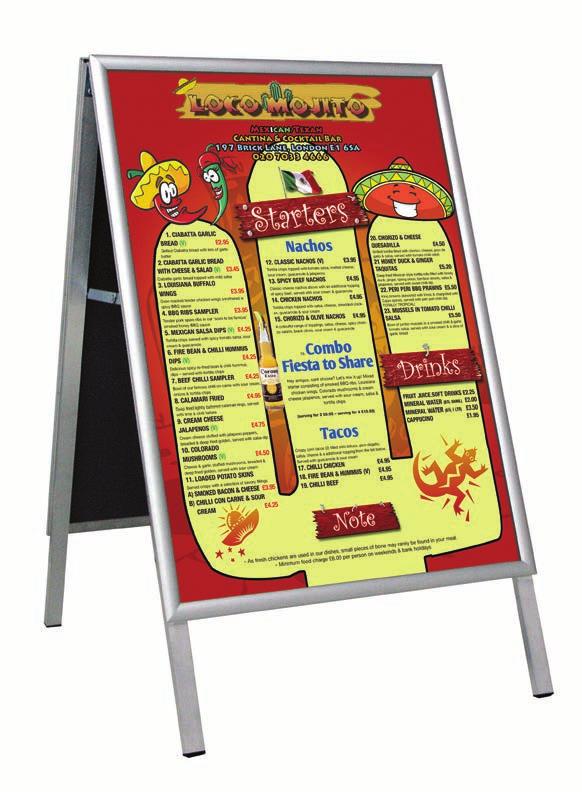 revised blackboards. The A frame folds flat for transporting and storage. Made of lightweight yet sturdy aluminium.