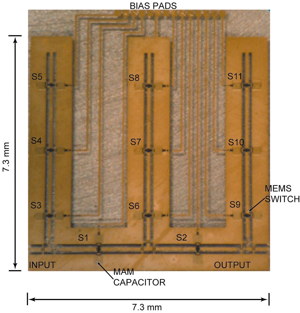 The reconfigurable triple-, double-, and single-stub impedance tuners were optimized to have 10-13 identical switched MEMS capacitors (S1-S13).