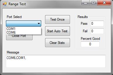 9 5. Once the Range Test software is open, select the correct com port. To change the port number, click on the drop down menu under Port Select and select the appropriate port.