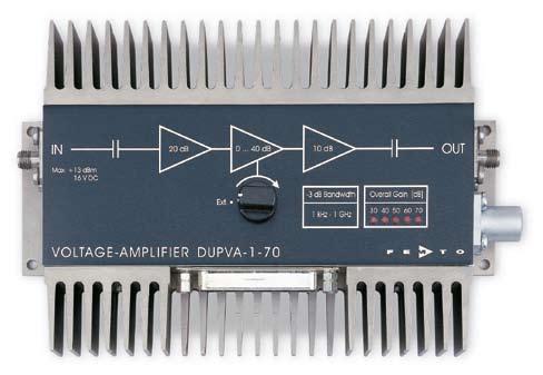 High Speed GHz Amplifiers Variable Gain GHz Amplifiers Series DUPVA Model DUPVA-1-70 Bandwidth 1 khz to 1 GHz for all Gain Settings Variable Gain from 20 db to 70 db (x 10 to x 3,000) Very Low Input