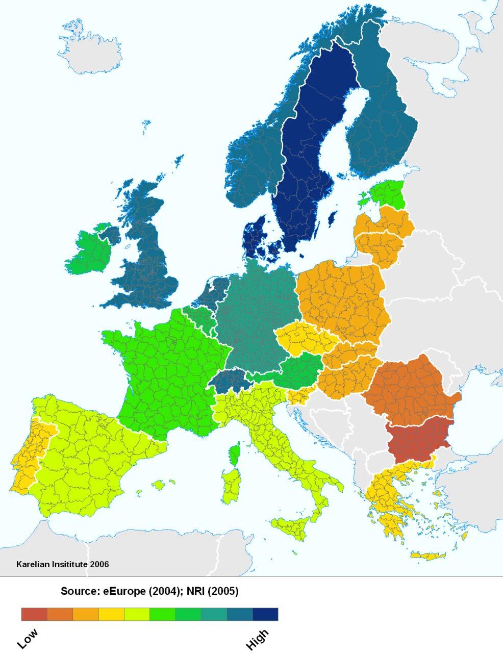 Map 1. The composite index of the IS in Europe based on eeurope (2004) and NRI (2005). The index reveals significant differences in terms of IS performance in Europe.