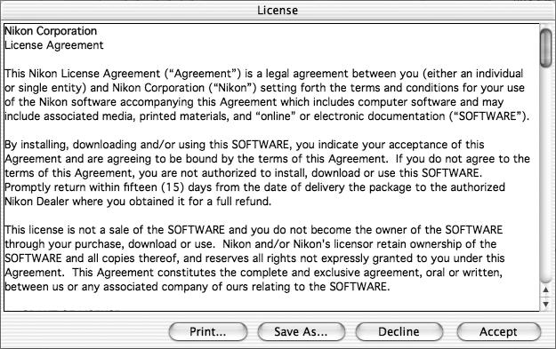 Install Nikon View and transfer pictures 25 The Nikon View license agreement