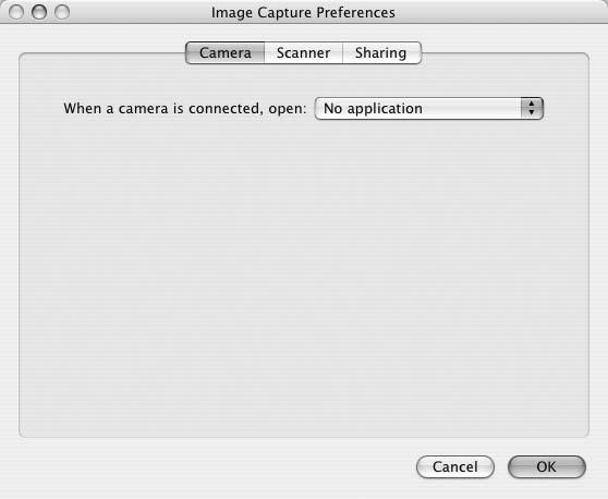 Select Preferences Select No application from the Image Capture menu to display the Image Capture Preferences dialog.