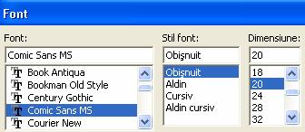 Stilul fontului Dimensiunea fontului Tipul fontului Pentru a alege o culoare speciala va trebui sa dati clic pe meniul derulant Color ce deschide o noua fereastra din care se poate alege o culoare