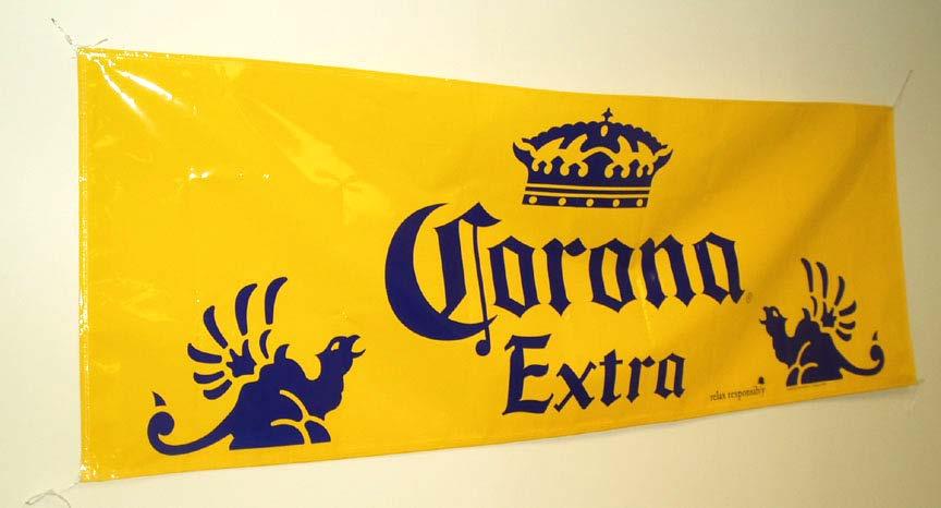 Photo F (below): Another typical small banner install, loose and strings visible. Below photo G: This same Corona banner, but now -nice and tight, mounted in the Banner Grip frame.