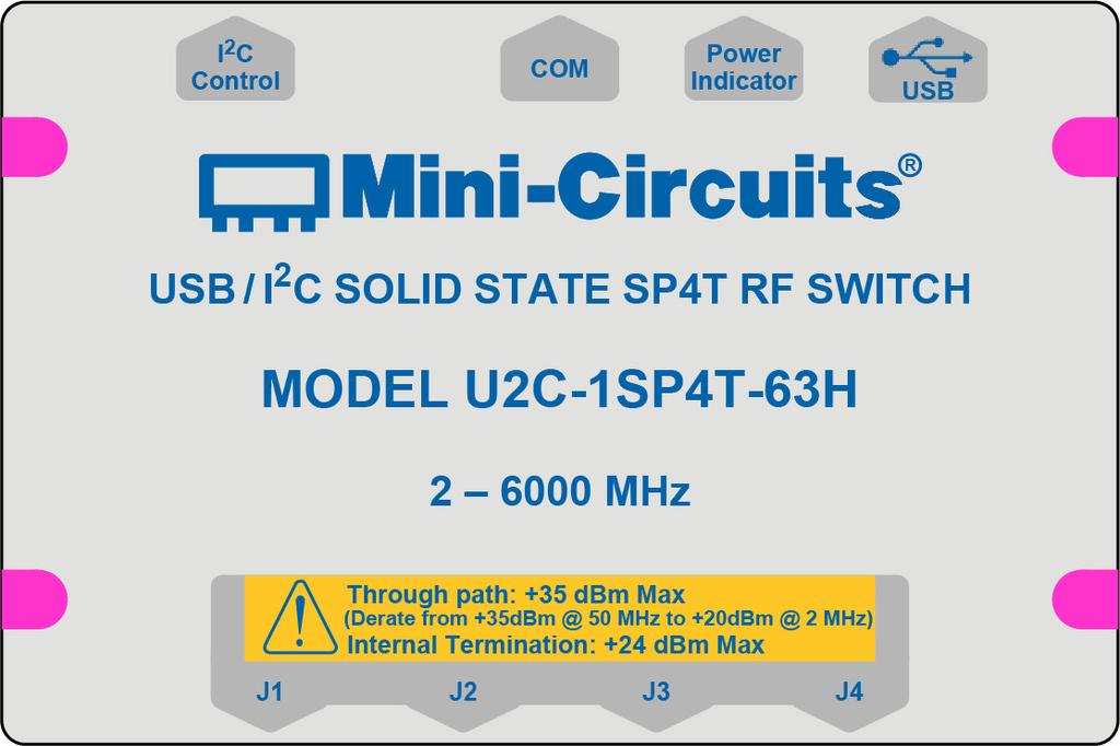 Outline Drawing (RB2502) 9 PIN D-SUB FEMALE USB Mini-B Receptacle LED Indicator A COM 4X L DIAM. THRU. B J 1 2 3 4 K G H 5X Conn SMA Female C F TYP. D E TYP.