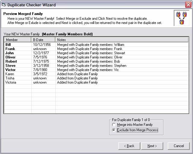 RESOLVING PARISH DUPLICATES 17 Preview Merged Family After you have specified resolution options for duplicate family members, this screen shows you what the new Master family record will look like
