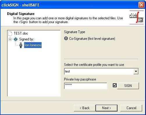 Selectaţi digital signature pentru semnătură electronică. Apăsaţi Next.