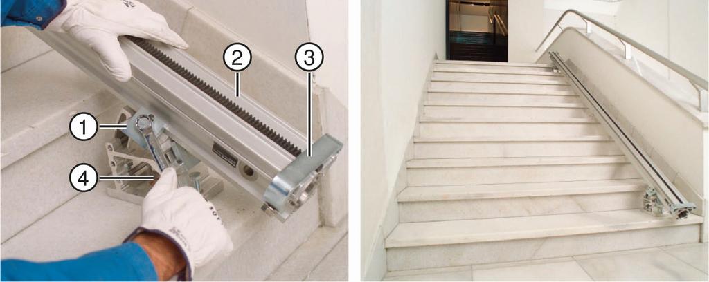 @ ; = % & @ ; Clamping insert for cutting on stairs Rail = % Leveling screw Clamping plate with clamping bolt Clamping insert for cutting on stairs Clamping bolt for angle adjustment Slot for the