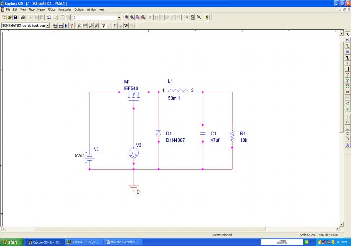 Figure 6 Buck converter circuit in PSPICE Figure 7 Input and Output response in PSPICE ( output, input) Figure 7 represents the PSPICE