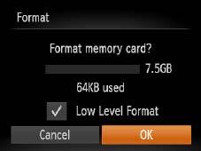 Press the <m> button. Formatting or erasing data on a memory card only changes file management information on the card and does not erase the data completely.