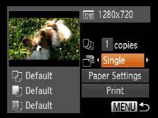 Printing Movie Scenes Movie Printing Options Single Sequence Movies Access the printing screen. zfollow steps in Easy Print (= ) to choose a movie. The screen at left is displayed.