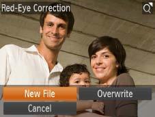 Correcting Red-Eye Automatically corrects images affected by red-eye. You can save the corrected image as a separate file. Choose [Red-Eye Correction].