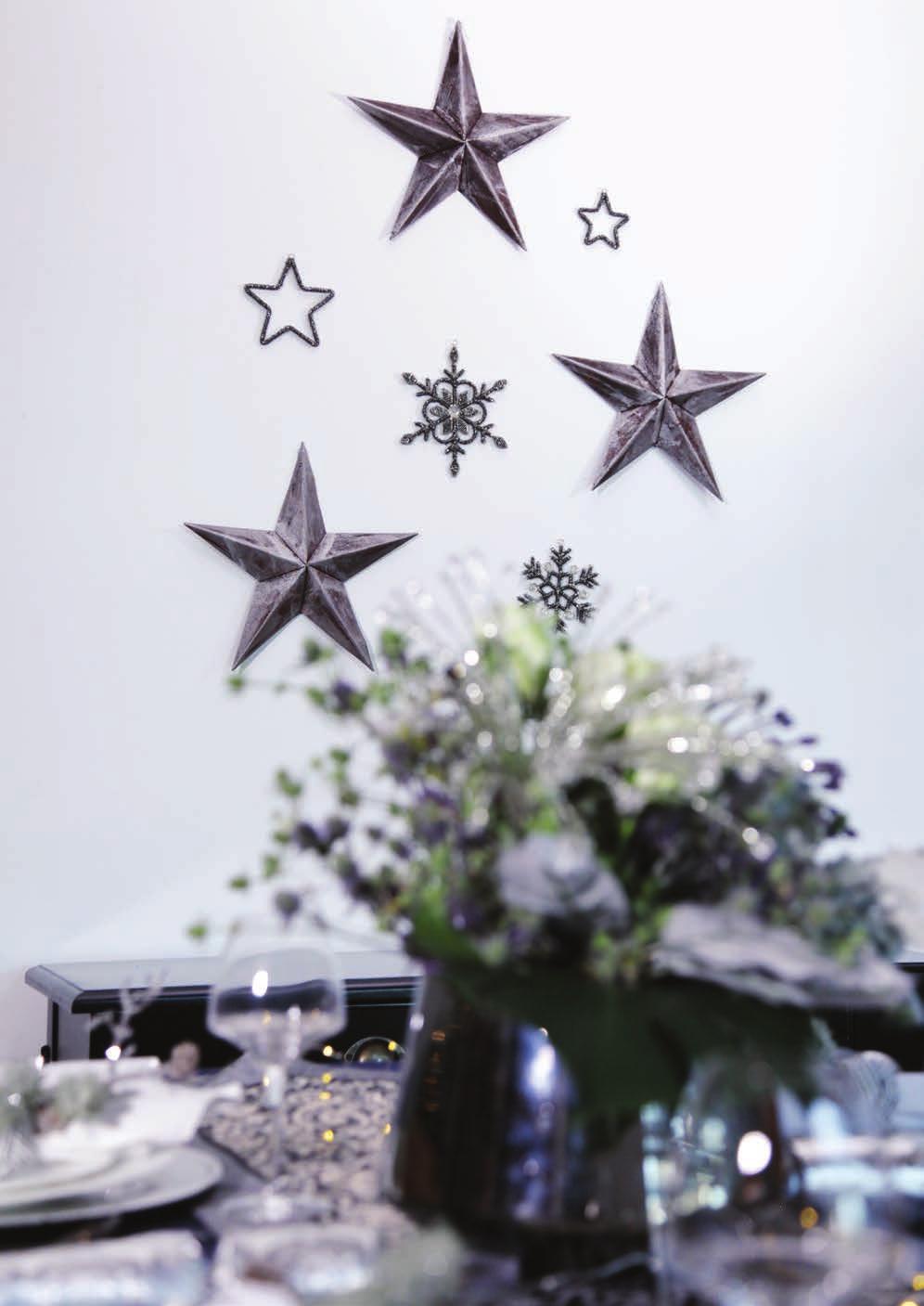 1. 1. BRUSHED SILVER TIN STAR, 2. CHARCOAL BEADED STAR DECORATIONS - SET OF 3, 3. CHARCOAL BEADED FLOWER WITH CRYSTAL, 4.