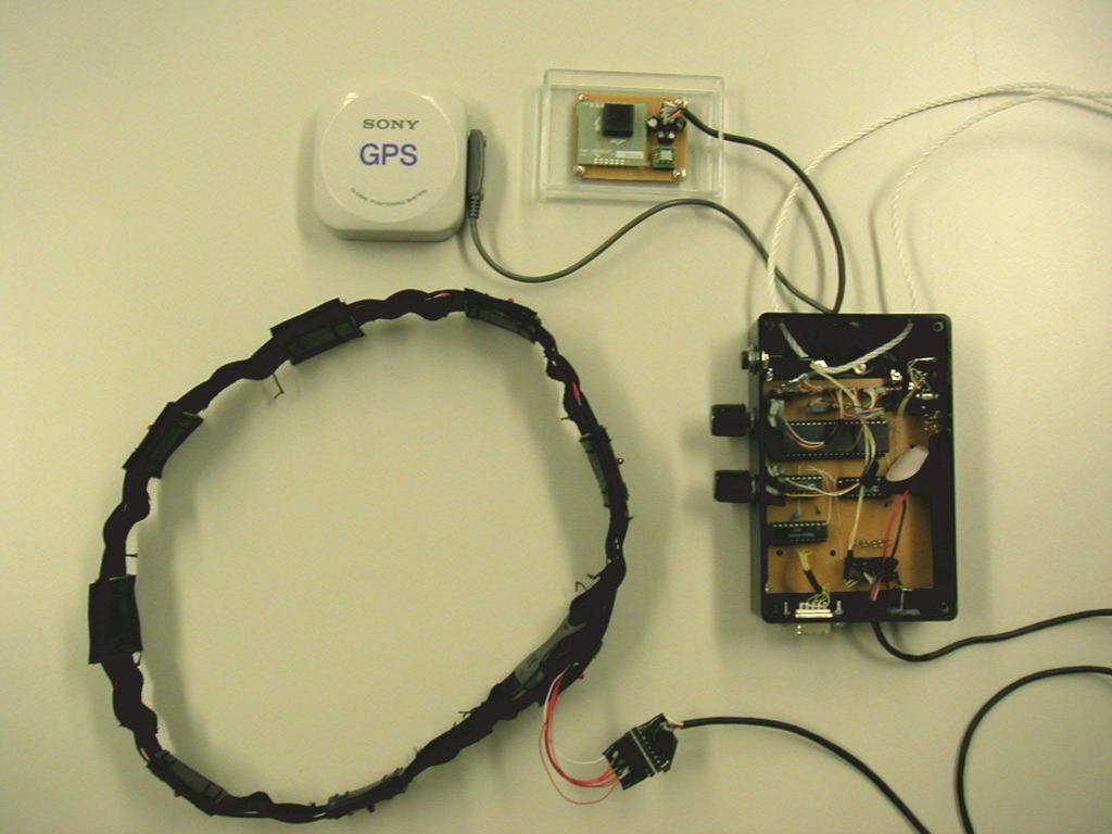 Fig. 2. Prototype system of ActiveBelt (1. ActiveBelt hardware, 2. GPS, 3. directional sensor, 4. microcomputer) Fig. 3. System architecture of ActiveBelt strength of vibrators by changing the voltages 4.