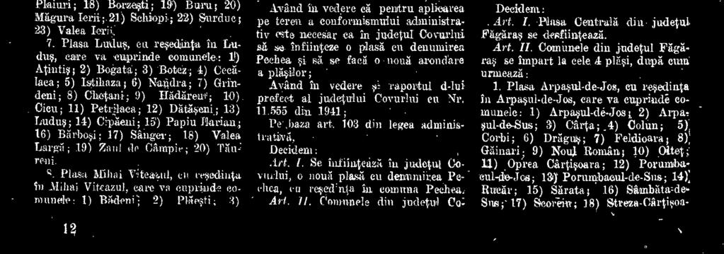 Se infiinteaza iii judetul Covinlui o Ilona plasil en denumirea Peehca, t L %cd'illu in Coin nil a P echea.- Art. 11.
