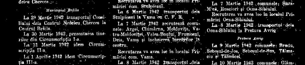 Recrutarea va avea loc in. localul Frimariei com. Vama. La 8 Martie 1942 transportul dela Varna la Pojorata cu C. F. R.