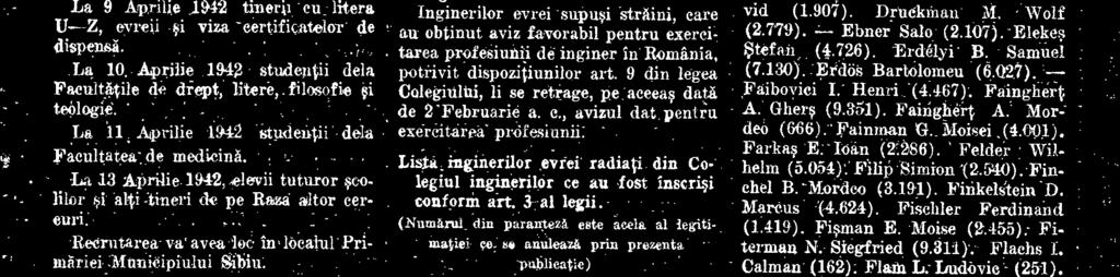 Wolf au obtinut aviz favorabil pentru exereitarea profesiunii de inginer in Romania, Stefan (4.726). Erclélyi B. Samuel (2.779). Ebner Salo (2.107). Elekes potrivit dispozitiunilor art.
