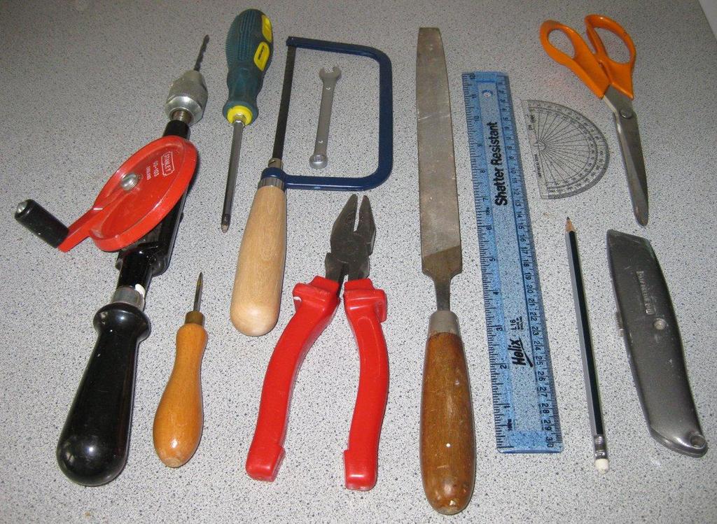 Tools screwdriver drill & drill bit spanner saw ruler protractor scissors pencil craft knife bradawl pliers file Making Do read the introduction sheet
