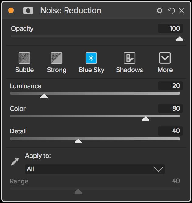 NOISE REDUCTION Use this pane to reduce luminance and color noise, while maintaining image detail.