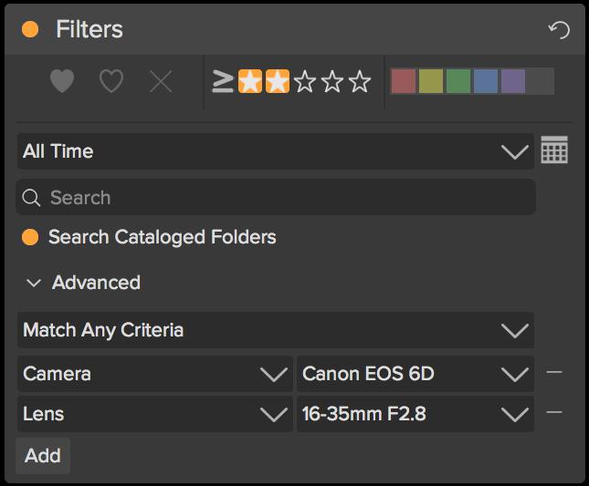 1. Make sure you have the folder of images you are interested in viewing selected in the Folders pane. 2. Click the Filters check mark to turn filtering on. 3. Set your filter criteria.