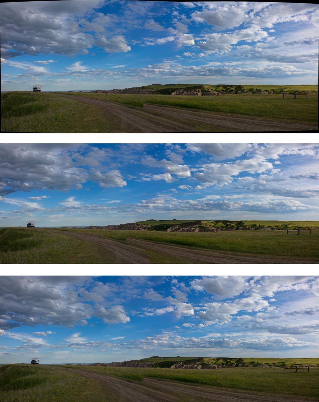 These panoramas demonstrate the three different edge options available via the Create Panorama feature. The top panorama was set to None, the middle to Crop, and the bottom the Warp to Fill.