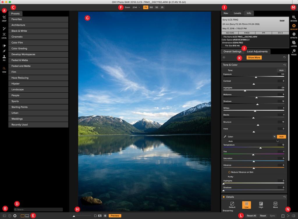 The Develop Main Screen Overview ON1 Develop provides you with an easy-to-use work space for editing your photos. Below is an overview of the main sections. The main window sections of ON1 Develop: A.