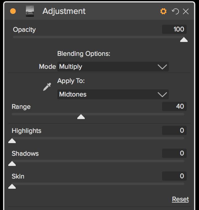 Click on the Blending Options gear icon at the top of the Adjustment pane to drop down the Blending Options. The blending option controls are: Blending Options: A pop-up list of blending modes.