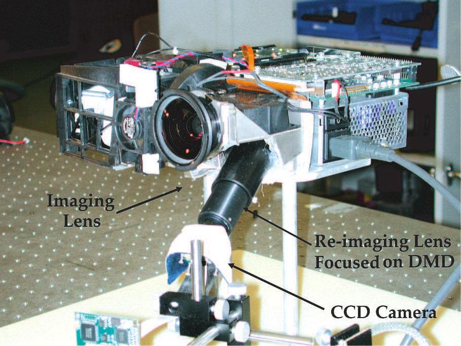 (a) Figure 4: (a) A disassembled Infocus LP 400 projector that shows the exposed DMD. In this re-engineered system, the projector lens is used as an imaging lens that focuses the scene on the DMD.