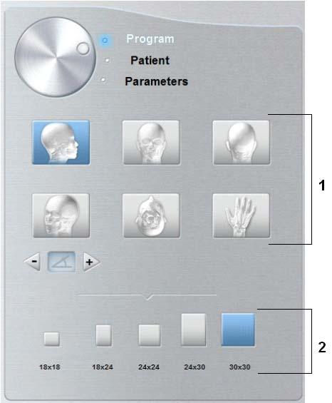 Cephalometric Acquisition Interface Cephalometric Program Pane The cephalometric Program pane enables you to choose different radiological exams as well as different acquisition formats.