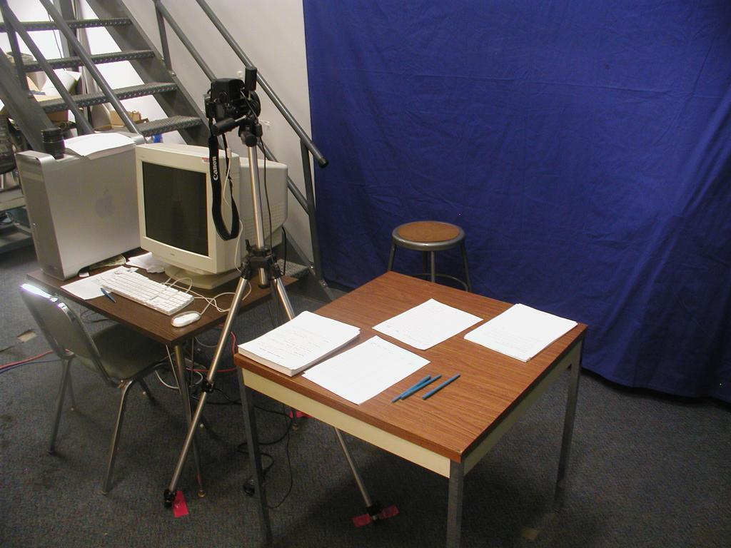 Figure 2: Setup for the high resolution image capture. Subjects were seated in front of a blue background and recorded using a Canon EOS 10D camera 