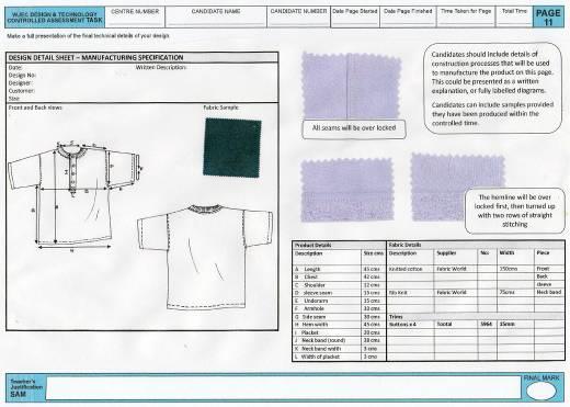 GCSE Design and Technology (Textiles Technology) Teachers' Guide 18 Page 11 (b) Technical details (5 marks) This is an opportunity for candidates to present the final technical details of their
