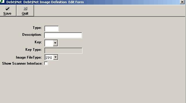 EXTENDED SERVICE OPTIONS To add a new image type, select the Add button. The Debt$Net Image Definition Edit Form displays (Figure 18-5). Figure 18-5. Debt$Net Image Definition Form.