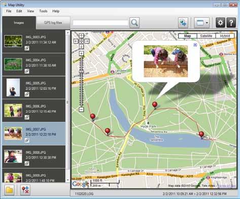 GPS Using GPS Information Map Utility Using the information from images shot on a camera equipped with an internal GPS function, or information from GPS log files, you can easily view on a map the