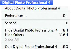 Quitting DPP In the main window, select the [Digital Photo Professional ] menu [Quit Digital Photo Professional ]. DPP quits.