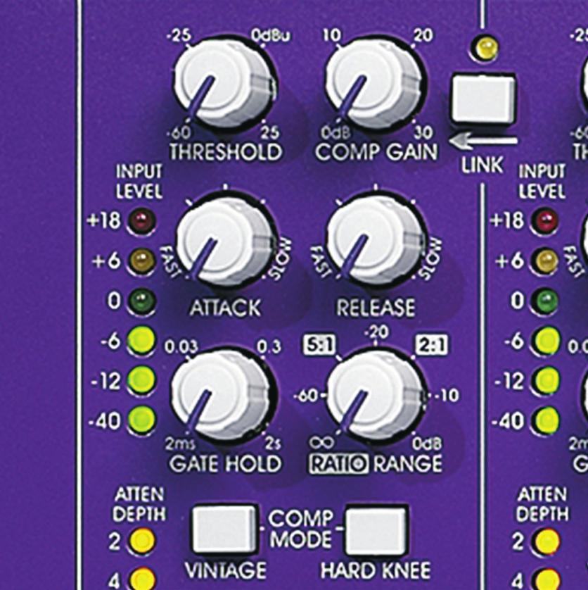 Multiple Compression Modes SQ1D features a Vintage switch allowing the selection of the default RMS sensing compression mode, or when engaged, an emulation of many older compressor designs with