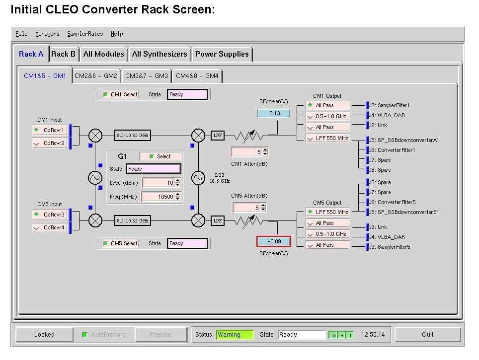Figure 7 Screen capture of the CLEO converter rack screen of NRAO's GBT receiver control software, obtained from http://www.gb.nrao.edu/~rmaddale/cleomanual/applications/converterrack.html 3.