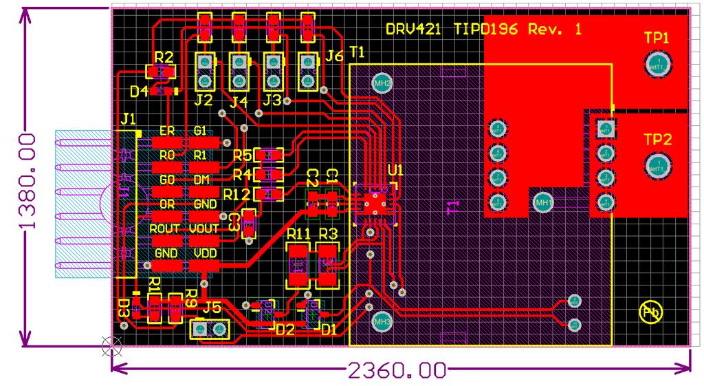 5 PCB Design The PCB schematic and bill of materials can be found in the Appendix. 5.1 PCB Layout The two-layer printed circuit board (PCB) used in this design measures 2.36 x 1.