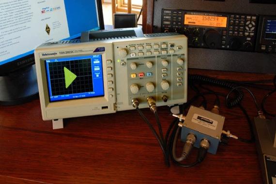 Figure 3. The RF signal is sampled and demodulated by the station monitor. The outputs are connected to the scope s X and Y inputs and external trigger input for monitoring the signal quality.